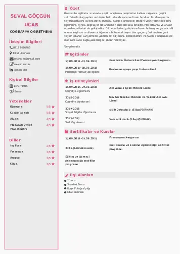 Coğrafya Öğretmeni CV Örnekleri cv indir